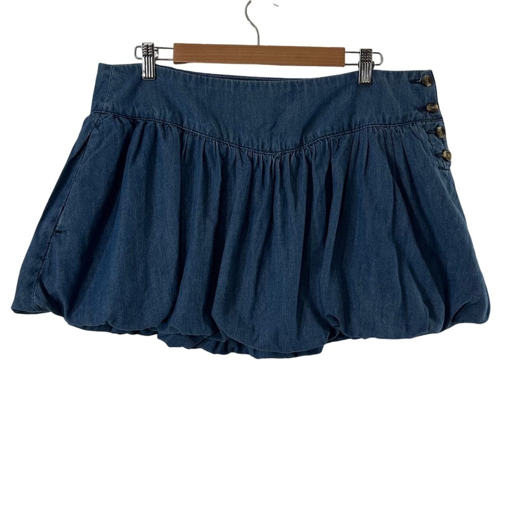 American Eagle Denim Bubble Mini Skort Blue Lyocell Blend Size 12 Side‎ Button